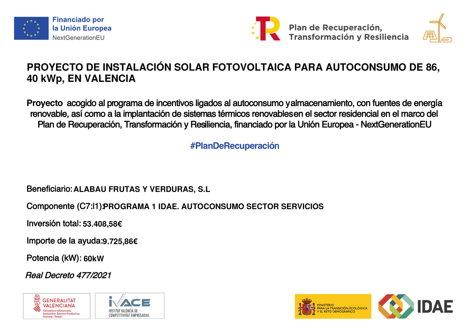 Cartel del proyecto de autoconsumo fotovoltaico financiado por la Unión Europea – NextGenerationEU